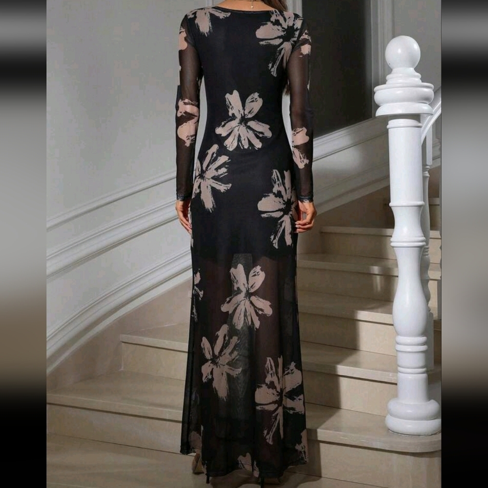 Brush Stroke Floral Print Sheer Waist-Cinching Dress For Ladies Dress - Picture 4 of 4